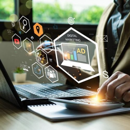 digital online marketing commerce sale concept, promotion of products or services through digital channels search engine, social media, email, website, digital marketing strategies and goals. seo ppc
